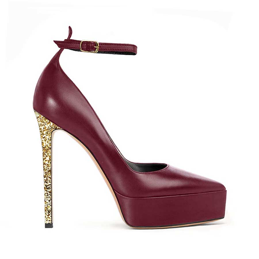 decollette pelle bordeau glitter