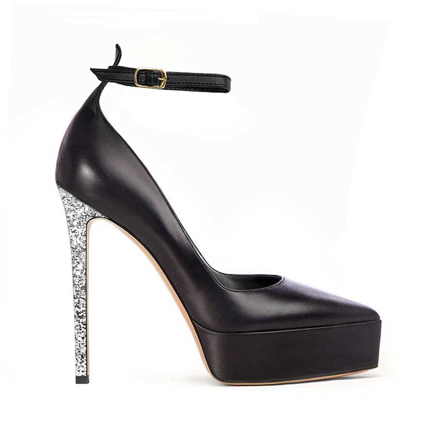 decollette pelle nera glitter cinturino