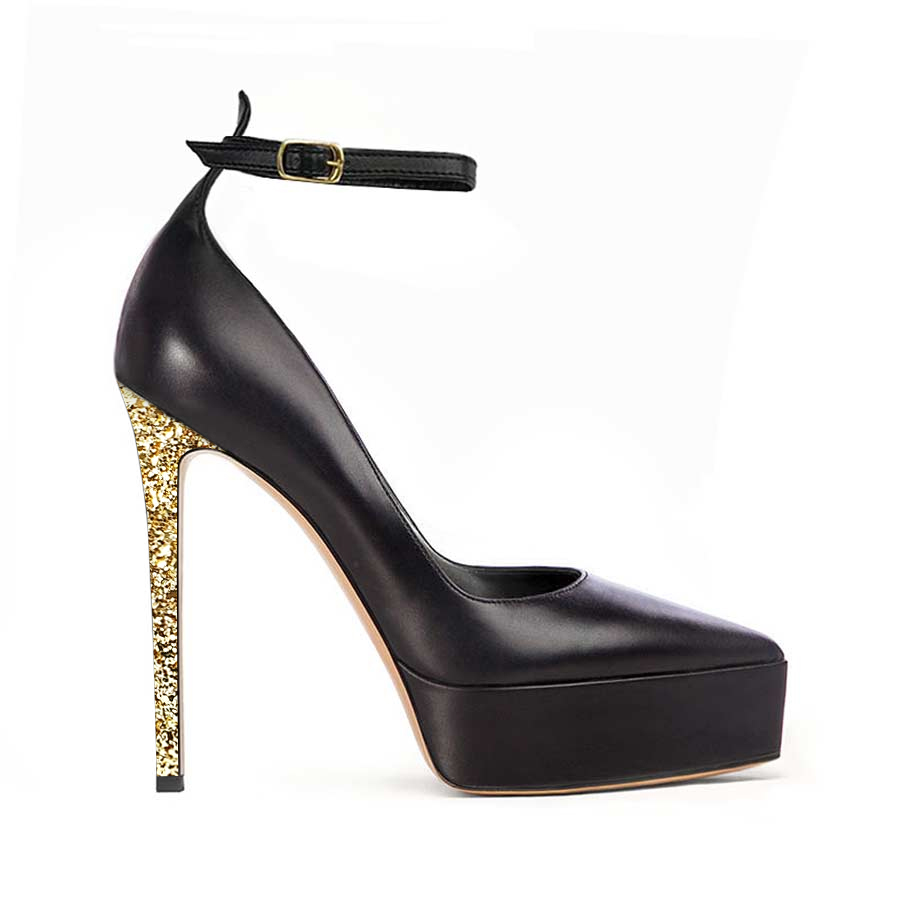 decollette pelle nera glitter cinturino