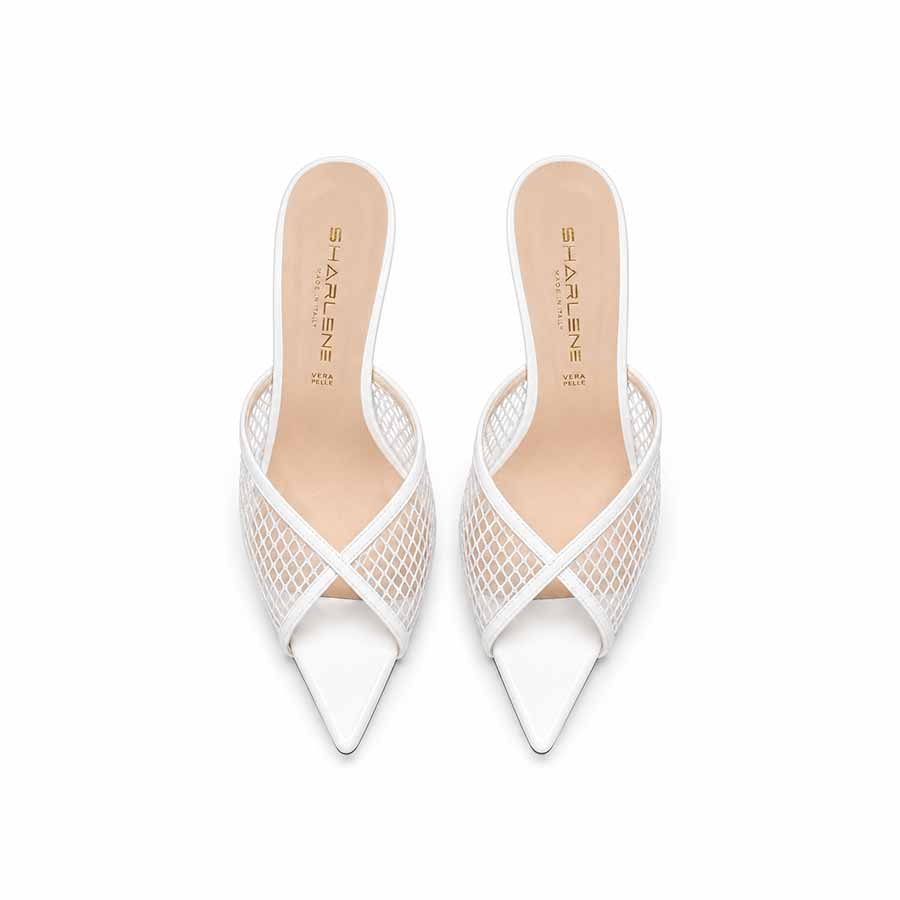 mules rete vernice bianca