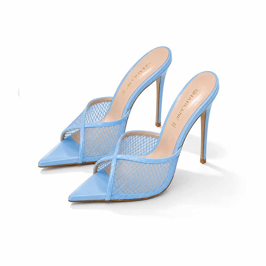 mules rete vernice celeste