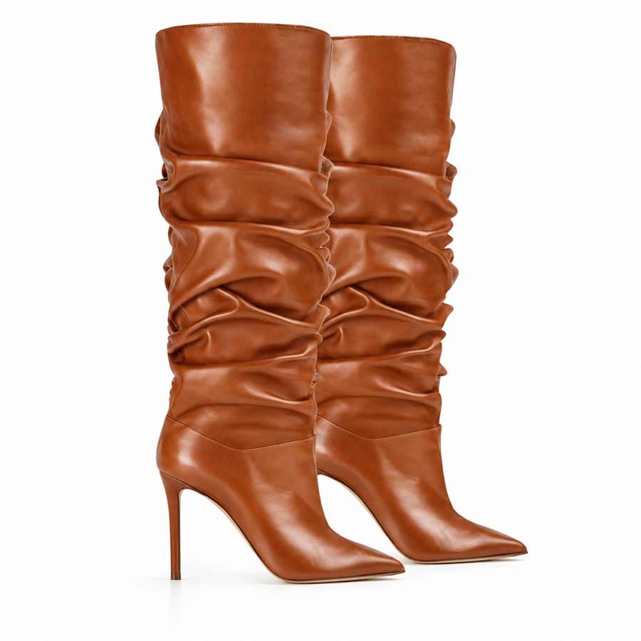 stivale arricciato pelle cognac